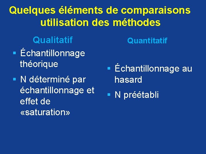 Quelques éléments de comparaisons utilisation des méthodes Qualitatif § Échantillonnage théorique § N déterminé