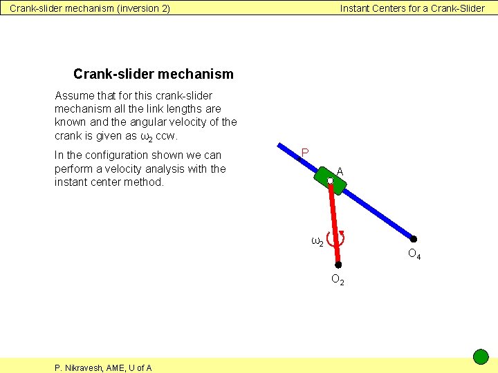Crank-slider mechanism (inversion 2) Instant Centers for a Crank-Slider Crank-slider mechanism Assume that for