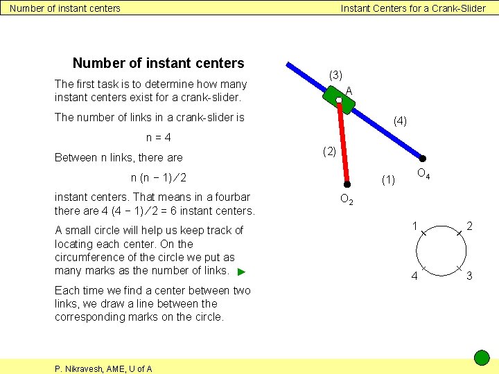 Number of instant centers Instant Centers for a Crank-Slider Number of instant centers The