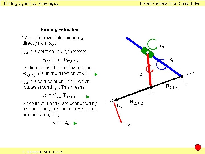 Finding ω4 and ω3, knowing ω2 Instant Centers for a Crank-Slider Finding velocities We