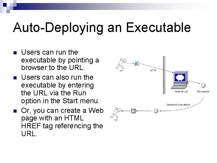 Auto-Deploying an Executable n n n Users can run the executable by pointing a