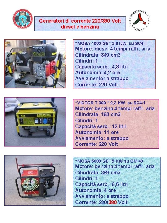 Generatori di corrente 220/380 Volt diesel e benzina “MOSA 4000 GE” 3, 6 KW