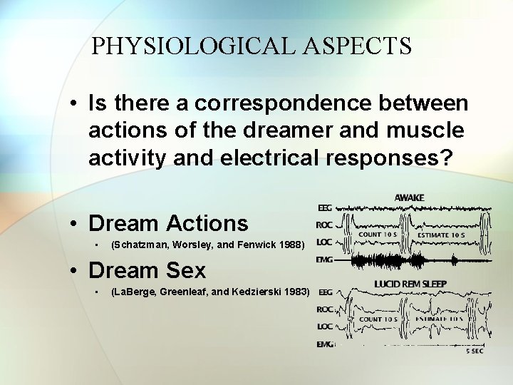 PHYSIOLOGICAL ASPECTS • Is there a correspondence between actions of the dreamer and muscle PHYSIOLOGICAL ASPECTS • Is there a correspondence between actions of the dreamer and muscle