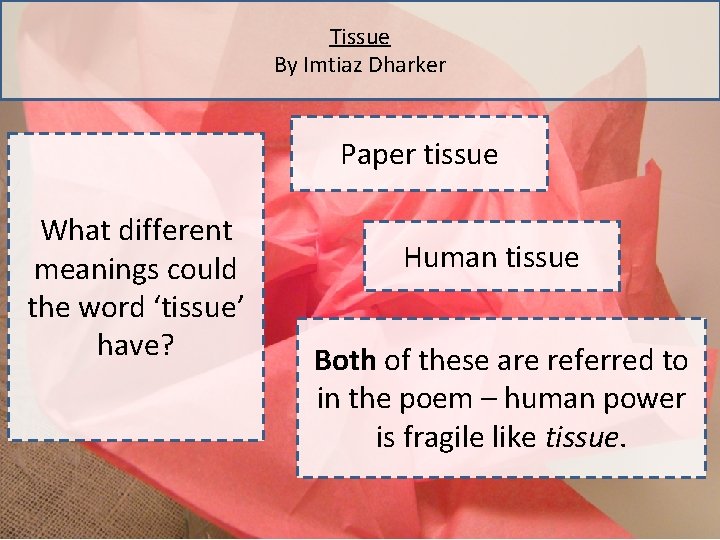 Tissue By Imtiaz Dharker Paper tissue What different meanings could the word ‘tissue’ have?