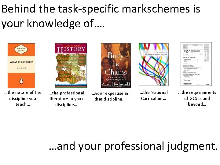 Behind the task-specific markschemes is your knowledge of…. …the nature of the discipline you