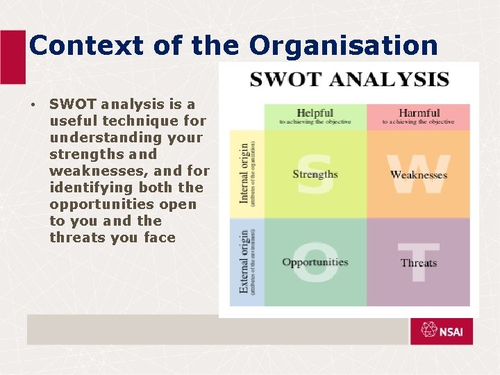 Context of the Organisation • SWOT analysis is a useful technique for understanding your