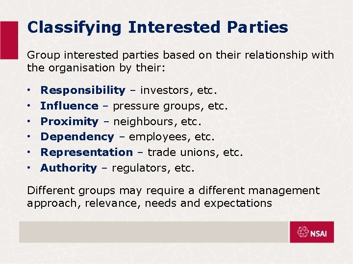 Classifying Interested Parties Group interested parties based on their relationship with the organisation by