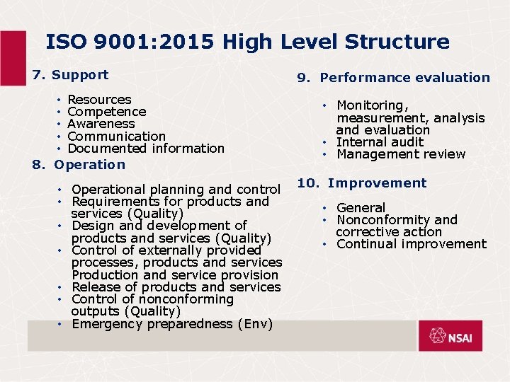 ISO 9001: 2015 High Level Structure 7. Support • Resources • Competence • Awareness