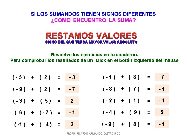 SI LOS SUMANDOS TIENEN SIGNOS DIFERENTES ¿COMO ENCUENTRO LA SUMA? RESTAMOS VALORES SIGNO DEL SI LOS SUMANDOS TIENEN SIGNOS DIFERENTES ¿COMO ENCUENTRO LA SUMA? RESTAMOS VALORES SIGNO DEL