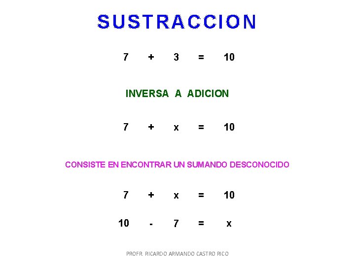 SUSTRACCION 7 + 3 = 10 INVERSA A ADICION 7 + x = 10 SUSTRACCION 7 + 3 = 10 INVERSA A ADICION 7 + x = 10