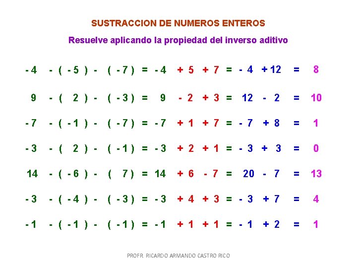 SUSTRACCION DE NUMEROS ENTEROS Resuelve aplicando la propiedad del inverso aditivo -4 9 - SUSTRACCION DE NUMEROS ENTEROS Resuelve aplicando la propiedad del inverso aditivo -4 9 -