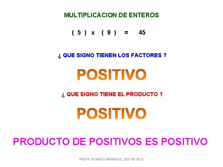 MULTIPLICACION DE ENTEROS ( 5 ) x ( 9 ) = 45 ¿ QUE MULTIPLICACION DE ENTEROS ( 5 ) x ( 9 ) = 45 ¿ QUE