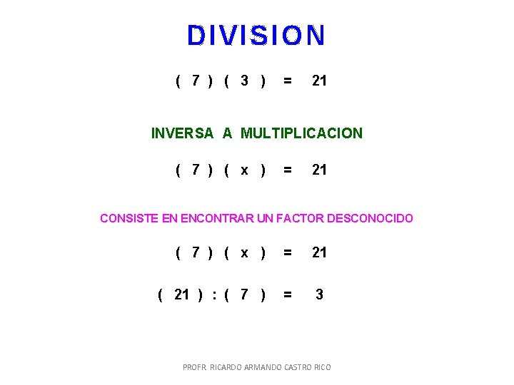 DIVISION ( 7 ) ( 3 ) = 21 INVERSA A MULTIPLICACION ( 7 DIVISION ( 7 ) ( 3 ) = 21 INVERSA A MULTIPLICACION ( 7