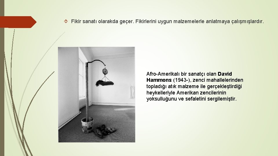 Fikir sanatı olarakda geçer. Fikirlerini uygun malzemelerle anlatmaya çalışmışlardır. Afro-Amerikalı bir sanatçı olan