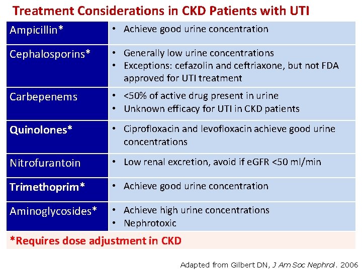  Treatment Considerations in CKD Patients with UTI Ampicillin* • Achieve good urine concentration