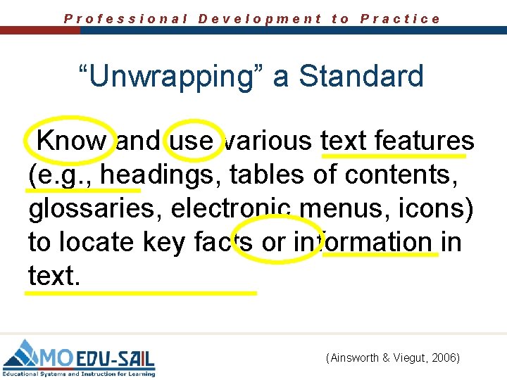 Professional Development to Practice “Unwrapping” a Standard Know and use various text features (e.