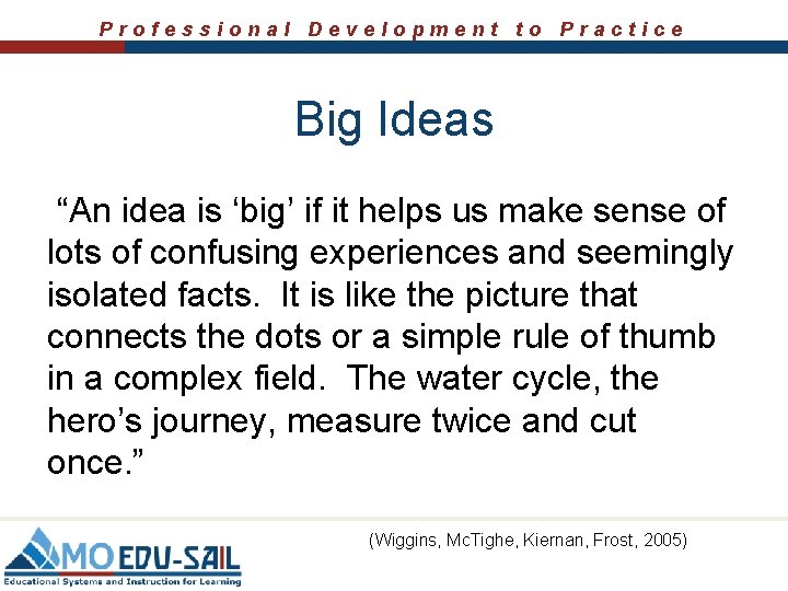 Professional Development to Practice Big Ideas “An idea is ‘big’ if it helps us