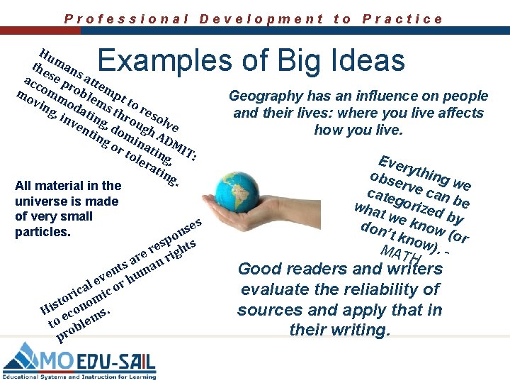 Professional Development to Practice Examples of Big Ideas Hu the man acc se p