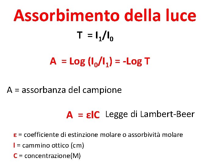 Assorbimento della luce T = I 1/I 0 A = Log (I 0/I 1)