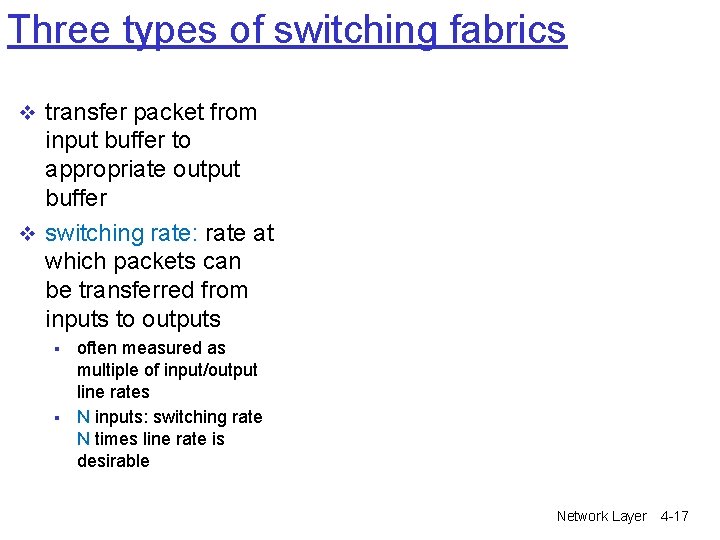 Three types of switching fabrics v transfer packet from input buffer to appropriate output Three types of switching fabrics v transfer packet from input buffer to appropriate output