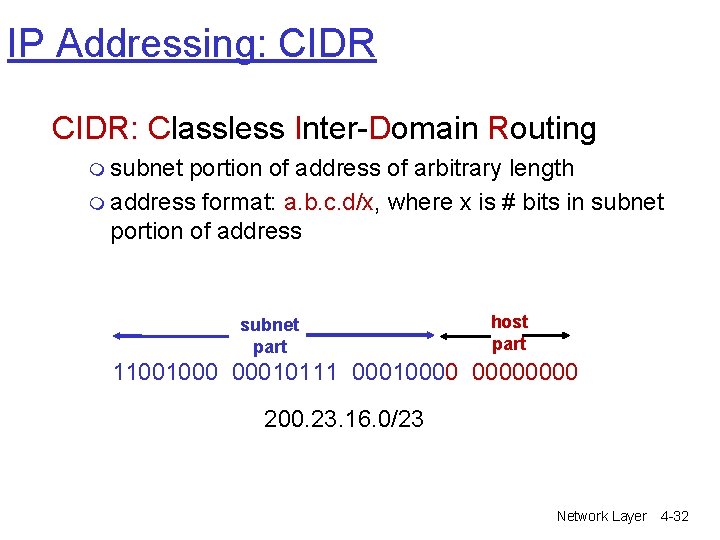 IP Addressing: CIDR: Classless Inter-Domain Routing m subnet portion of address of arbitrary length IP Addressing: CIDR: Classless Inter-Domain Routing m subnet portion of address of arbitrary length