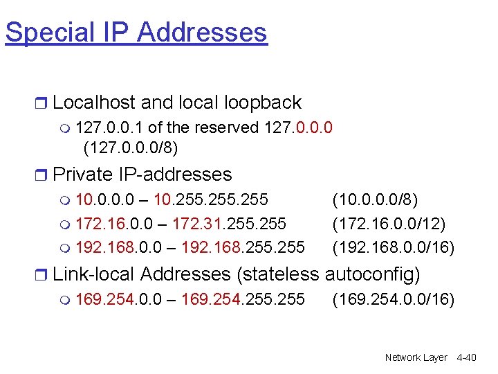 Special IP Addresses r Localhost and local loopback m 127. 0. 0. 1 of Special IP Addresses r Localhost and local loopback m 127. 0. 0. 1 of
