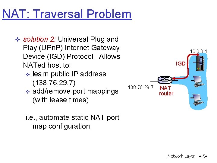 NAT: Traversal Problem v solution 2: Universal Plug and Play (UPn. P) Internet Gateway NAT: Traversal Problem v solution 2: Universal Plug and Play (UPn. P) Internet Gateway