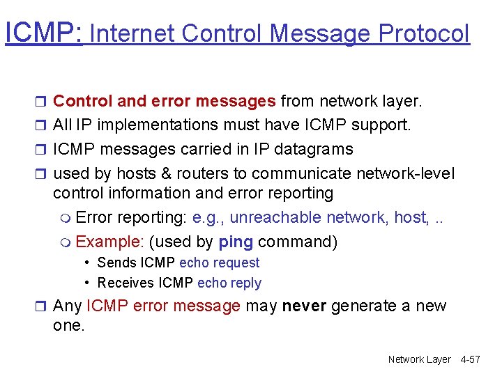 ICMP: Internet Control Message Protocol r Control and error messages from network layer. r ICMP: Internet Control Message Protocol r Control and error messages from network layer. r