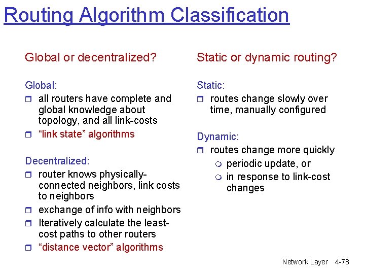 Routing Algorithm Classification Global or decentralized? Static or dynamic routing? Global: r all routers Routing Algorithm Classification Global or decentralized? Static or dynamic routing? Global: r all routers