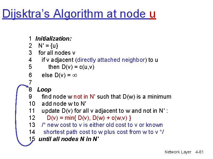 Dijsktra’s Algorithm at node u 1 Initialization: 2 N' = {u} 3 for all Dijsktra’s Algorithm at node u 1 Initialization: 2 N' = {u} 3 for all