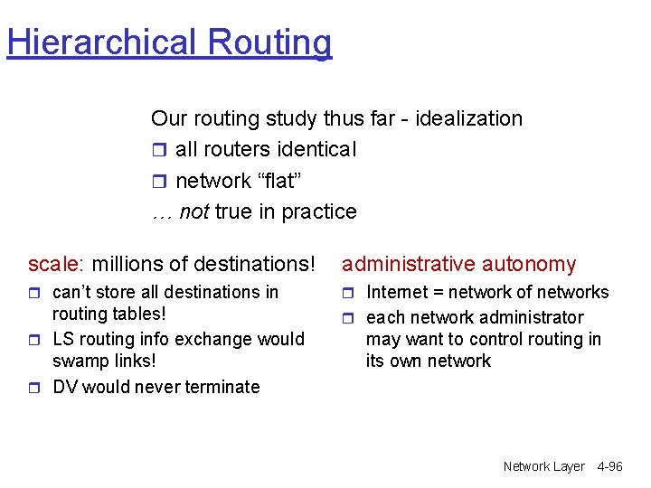 Hierarchical Routing Our routing study thus far - idealization r all routers identical r Hierarchical Routing Our routing study thus far - idealization r all routers identical r