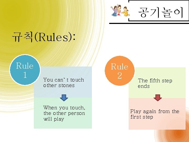 공기놀이 규칙(Rules): Rule 1 You can`t touch other stones When you touch, the other