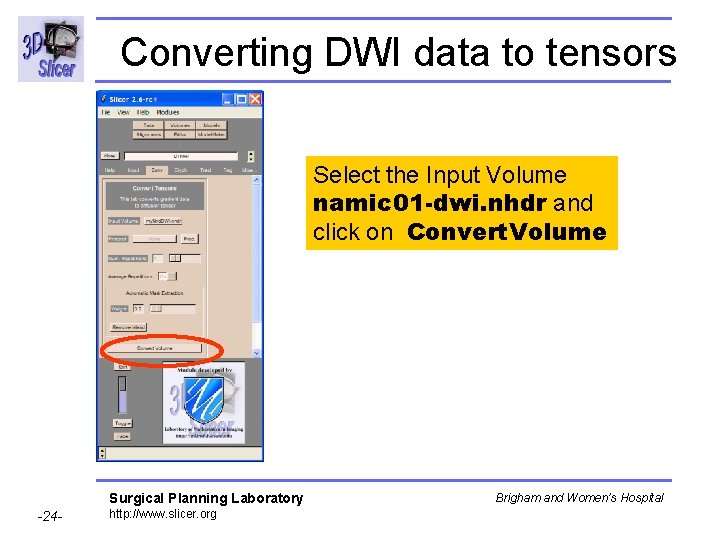 Converting DWI data to tensors Select the Input Volume namic 01 -dwi. nhdr and