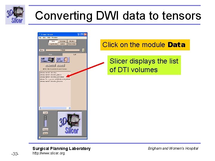 Converting DWI data to tensors Click on the module Data Slicer displays the list