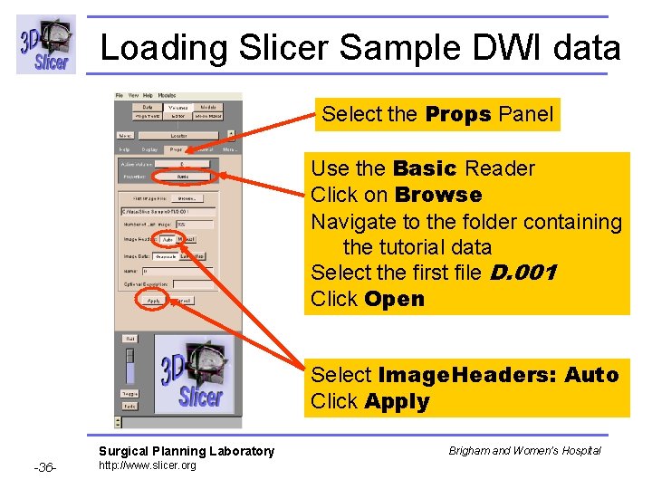 Loading Slicer Sample DWI data Select the Props Panel Use the Basic Reader Click