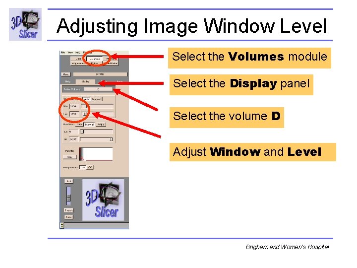 Adjusting Image Window Level Select the Volumes module Select the Display panel Select the