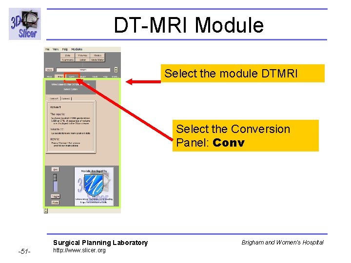 DT-MRI Module Select the module DTMRI Select the Conversion Panel: Conv Surgical Planning Laboratory