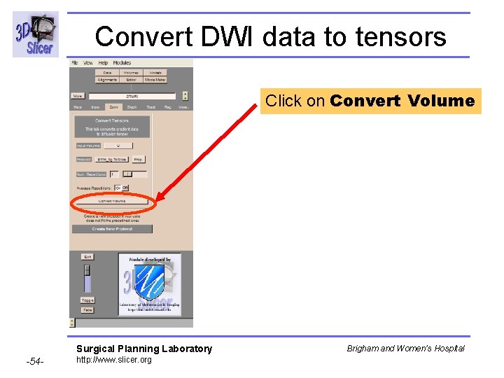 Convert DWI data to tensors Click on Convert Volume Surgical Planning Laboratory -54 -