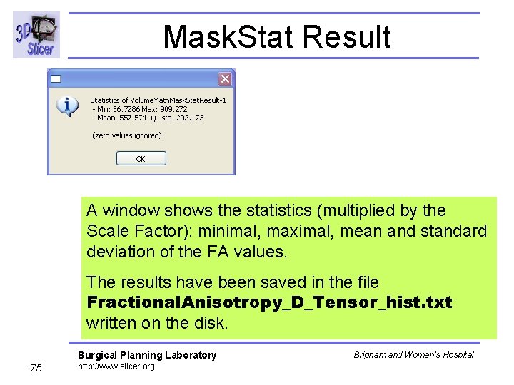Mask. Stat Result A window shows the statistics (multiplied by the Scale Factor): minimal,