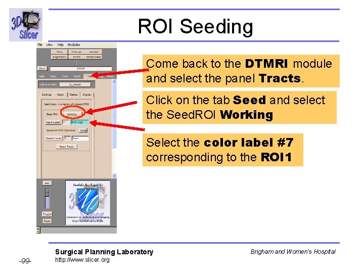 ROI Seeding Come back to the DTMRI module and select the panel Tracts. Click
