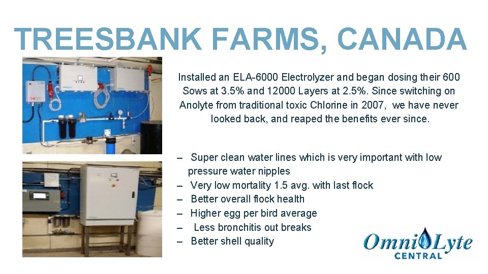 TREESBANK FARMS, CANADA Installed an ELA-6000 Electrolyzer and began dosing their 600 Sows at
