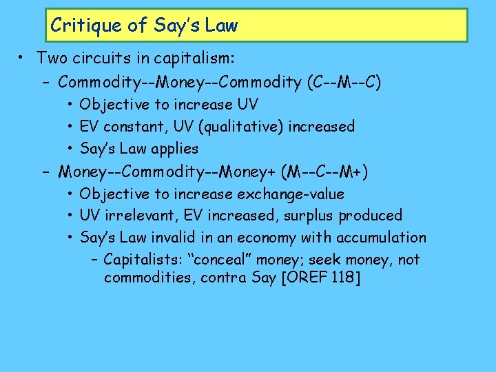 Critique of Say’s Law • Two circuits in capitalism: – Commodity--Money--Commodity (C--M--C) • Objective