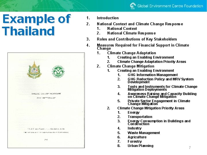Example of Thailand 1. Introduction 2. National Context and Climate Change Response 1. National