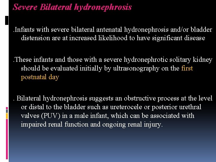 Severe Bilateral hydronephrosis . Infants with severe bilateral antenatal hydronephrosis and/or bladder distension are