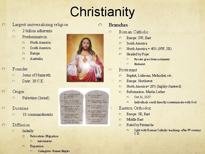 Christianity Largest universalizing religion 2 billion adherents Predominate in: Branches Roman Catholic Europe: SW,