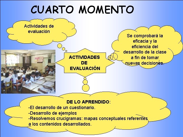 CUARTO MOMENTO Actividades de evaluación ACTIVIDADES DE EVALUACIÓN Se comprobará la eficacia y la