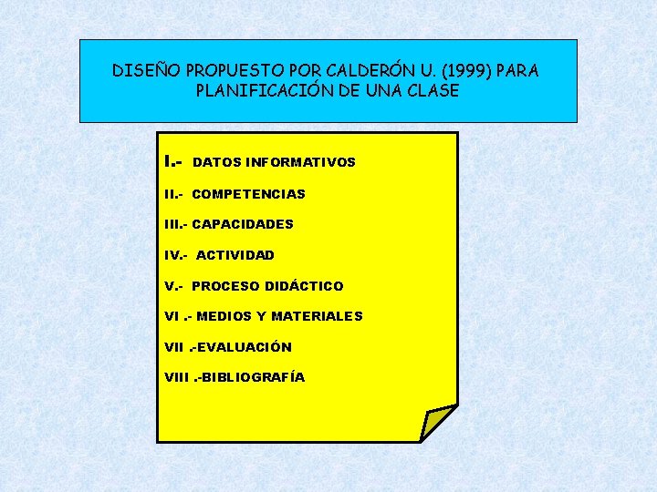 DISEÑO PROPUESTO POR CALDERÓN U. (1999) PARA PLANIFICACIÓN DE UNA CLASE I. - DATOS