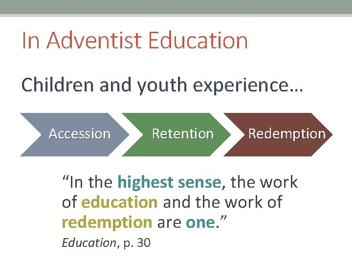 In Adventist Education Children and youth experience… Accession Retention Redemption “In the highest sense,