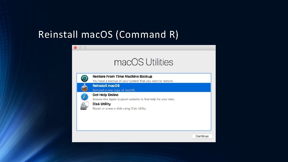 Reinstall mac. OS (Command R) 