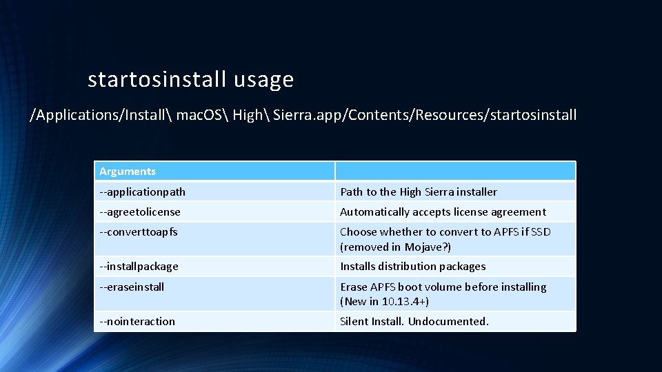 startosinstall usage /Applications/Install mac. OS High Sierra. app/Contents/Resources/startosinstall Arguments --applicationpath Path to the High